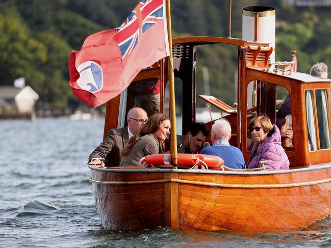 Kate Middleton travelled in a steam boat with two of the “Windermere Children” — holocaust survivors who started new lives in the Lakes District in 1945. Picture: AFP