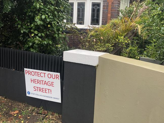 A sign installed by residents opposed to a bid by Stella Maris College at Manly to build eight demountable classrooms in Eurobin Ave. Picture: Manly Daily