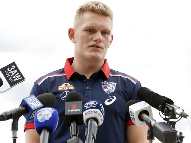 Adam Treloar speaks with media after being unveiled by the Western Bulldogs. Picture: Getty Images