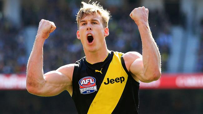 Tom Lynch celebrates after kicking a goal during the 2019 AFL Grand Final match between the Richmond Tigers and the GWS Giants at the MCG. Picture: Mark Stewart