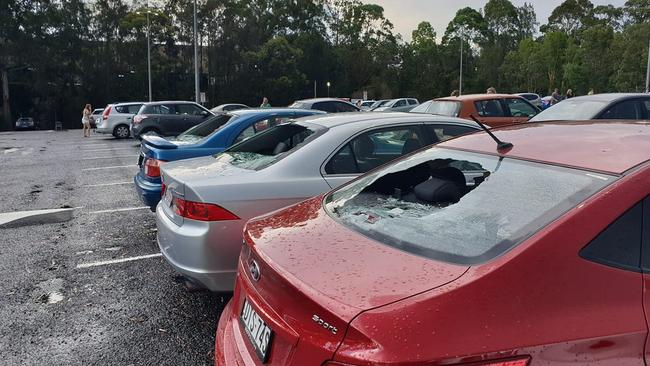 Damaged cars at Erina Fair after a hailstorm hit Central Coast NSW. Source: Twitter