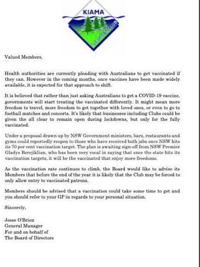 Kiama Leagues Club wrote to members about getting vaccinated this week.