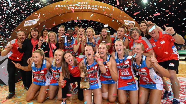 NSW Swifts players celebrate winning the 2019 Super Netball grand final. The start of the 2020 season has been put back due to the coronavirus pandemic. Picture: AAP