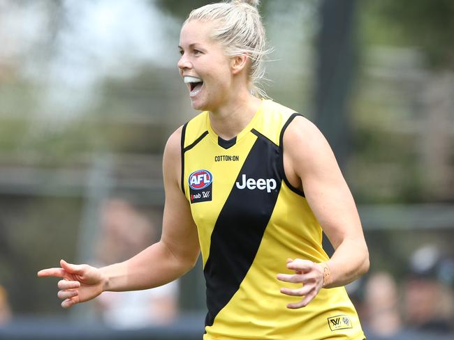 MELBOURNE, AUSTRALIA - JANUARY 26: Katie Brennan of the Tigers celebrates a goal during the Richmond Tigers v West Coast Eagles AFLW practice match at Punt Road Oval on January 26, 2020 in Melbourne, Australia. (Photo by Martin Keep/AFL Photos via Getty Images)