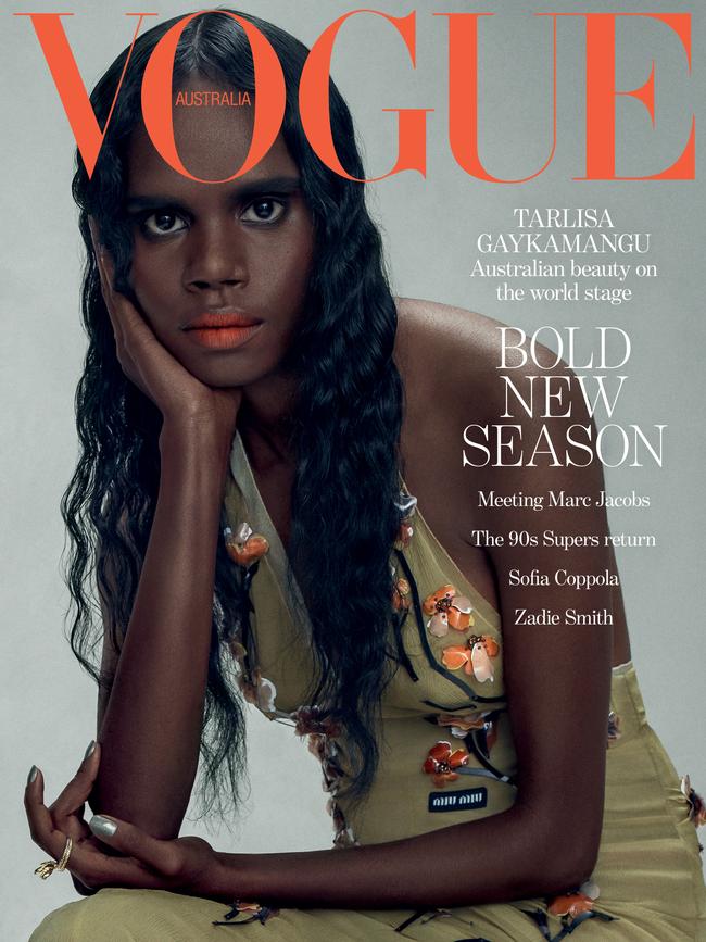 Vogue's September issue featuring Yolngu model Tarlisa Gaykamangu who was plucked from East Arnhem Land to walk at Milan fashion week for luxury brand Bottega Veneta. Photography: Robbie Fimmano for Vogue Australia.