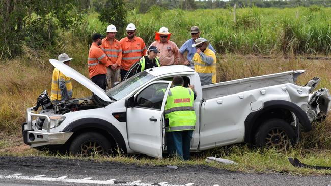 Photos from the scene of an accident involving two trucks and a utility vehicle at Yuruga on the Bruce Highway between Townsville and Ingham. Two men have been badly injured. Picture: Cameron Bates