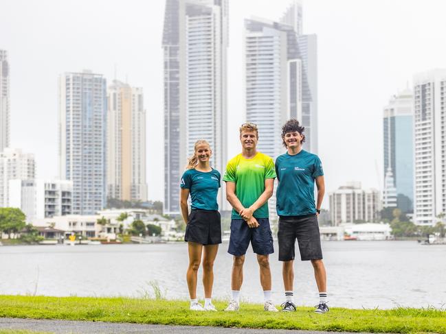 Triathlon Australia will be based on the Gold Coast for seven years. Pictured: rising star Tara Sosinski, two-time Olympian Matt Hauser and Paris Paralympian Jack Howell. Picture: Bec Ohlwein