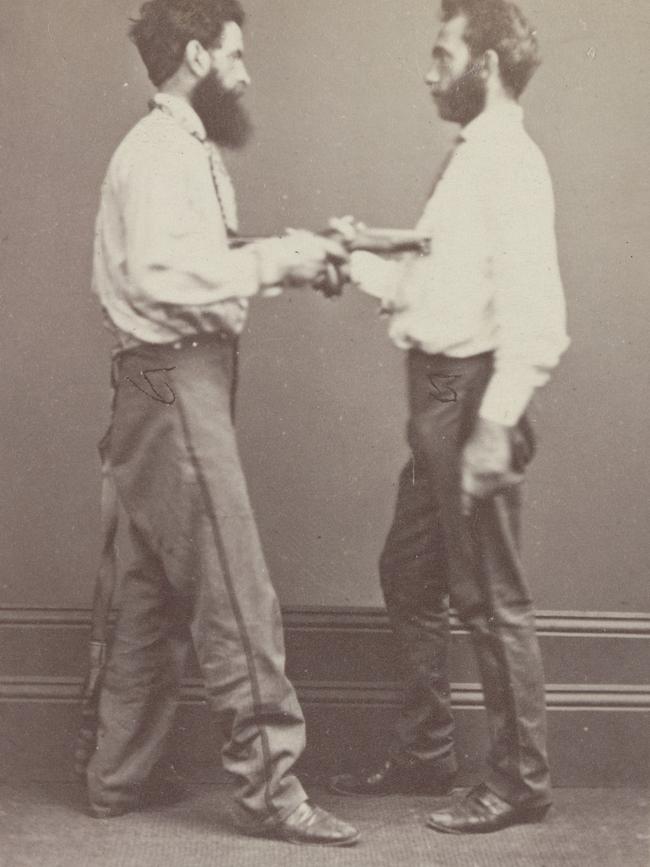 Edward Feeney (left) and Charles Marks pose in a second photograph in a Melbourne studio. Picture: State Library Victoria.