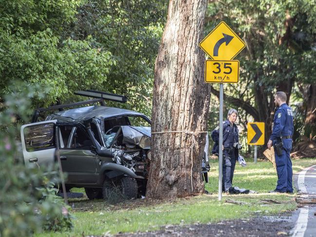 Police at the scene where a car with six teens crashed into a tree on Cabbage Tree Rd, Bayview and one died. The car had five seatbelts available. Picture: Monique Harmer