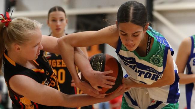 Action between the Melbourne Tigers and Warwick Senators at the Basketball Australia Under-14 Club Championships. Picture: Basketball Australia