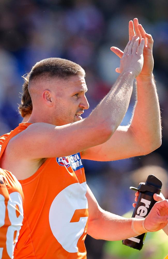 Jesse Hogan celebrates a goal on Sunday. Picture: Dylan Burns/AFL Photos via Getty Images.