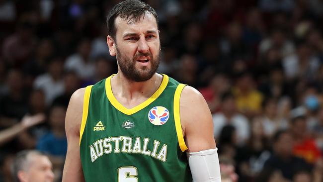 Andrew Bogut reacts to a call during Australia’s loss to Spain. Picture: Lintao Zhang/Getty