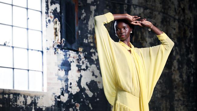 Model Akiima at Carriageworks in Eveleigh for the announcement that Australian Fashion Week will return in 2012. Picture: Richard Dobson