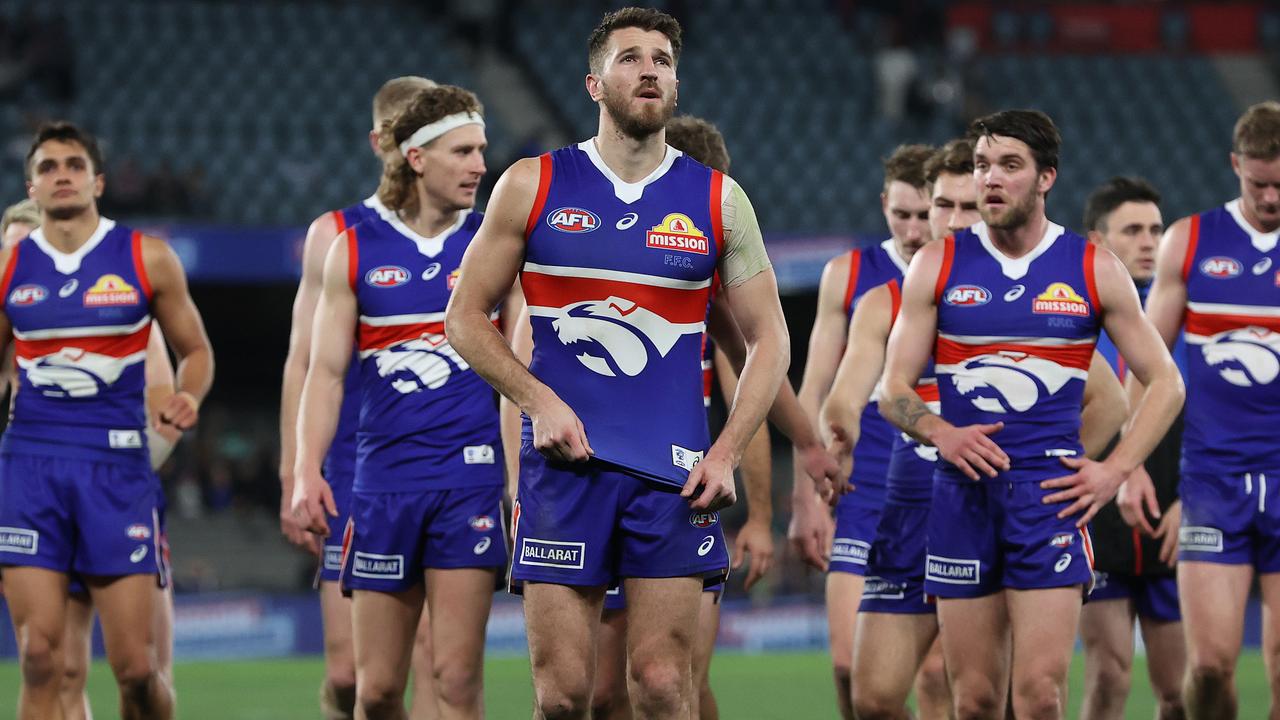 2022 AFL Football Round 21 - Western Bulldogs V Fremantle Dockers at Marvel Stadium. A decected Marcus Bontempelli of the Bulldogs leads the team off after the loss. Picture: Mark Stewart