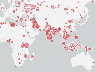 A map shared by Doctors Without Borders reveals all the locations where there’s been suspected methanol poisonings. Picture: Doctorswithoutborders/methanolpoisoning.msf.org