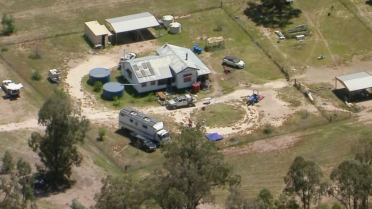 Aerial vision of the crime scene at Wieambilla, Queensland, on 14 December following the deaths of Constable Rachel McCrow, Constable Matthew Arnold, neighbour Alan Dare and killing trio Nathaniel Train, Gareth Train and Stacey Train. Source: 9 News.