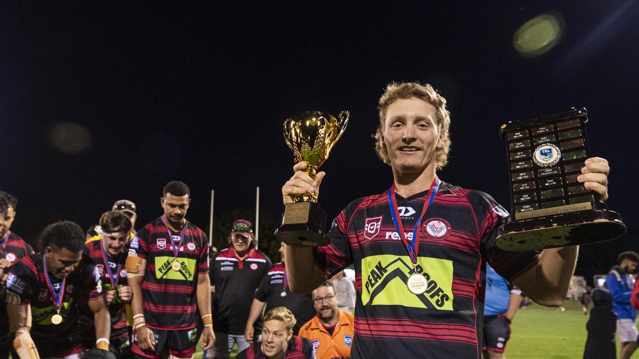 Valleys captain Jaren Bender holds the Reserve Grade Premiers trophies after Valleys defeat Warwick on TRL grand final day at Toowoomba Sports Ground, Saturday, September 14, 2024. Picture: Kevin Farmer