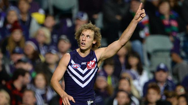SPORT — AFL Fremantle Dockers vs. Essendon Bombers, Subiaco Oval, Perth. Photo by Daniel Wilkins. PICTURED- Fremantle's Chris Mayne celebrates a goal in the second term