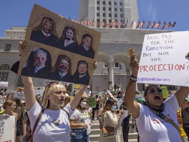 Protesters denounce the U.S. Supreme Court's decision to end abortion rights protections at the steps of City Hall. Picture: David McNew/Getty Images/AFP