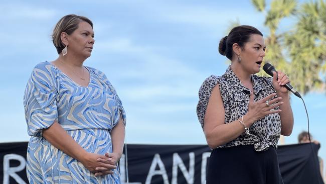 Greens Senators Dorinda Cox and Sarah Hanson-Young speaking at a protest against Middle Arm ahead of the second day of public hearings about the proposed development in Darwin. Picture: Fia Walsh.