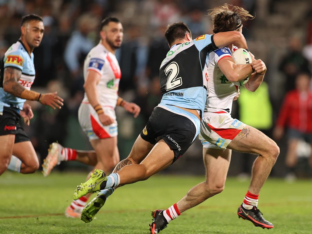 Cody Ramsey was put out of the game as result of this high tackle by Mawene Hiroti. Picture: Mark Kolbe/Getty Images