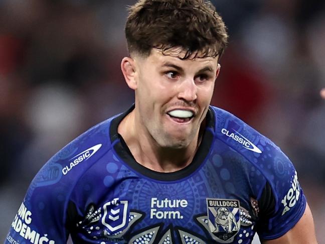 SYDNEY, AUSTRALIA - MAY 23:  Toby Sexton of the Bulldogs kicks the ball during the round 12 NRL match between Canterbury Bulldogs and St George Illawarra Dragons at Accor Stadium on May 23, 2024, in Sydney, Australia. (Photo by Cameron Spencer/Getty Images)