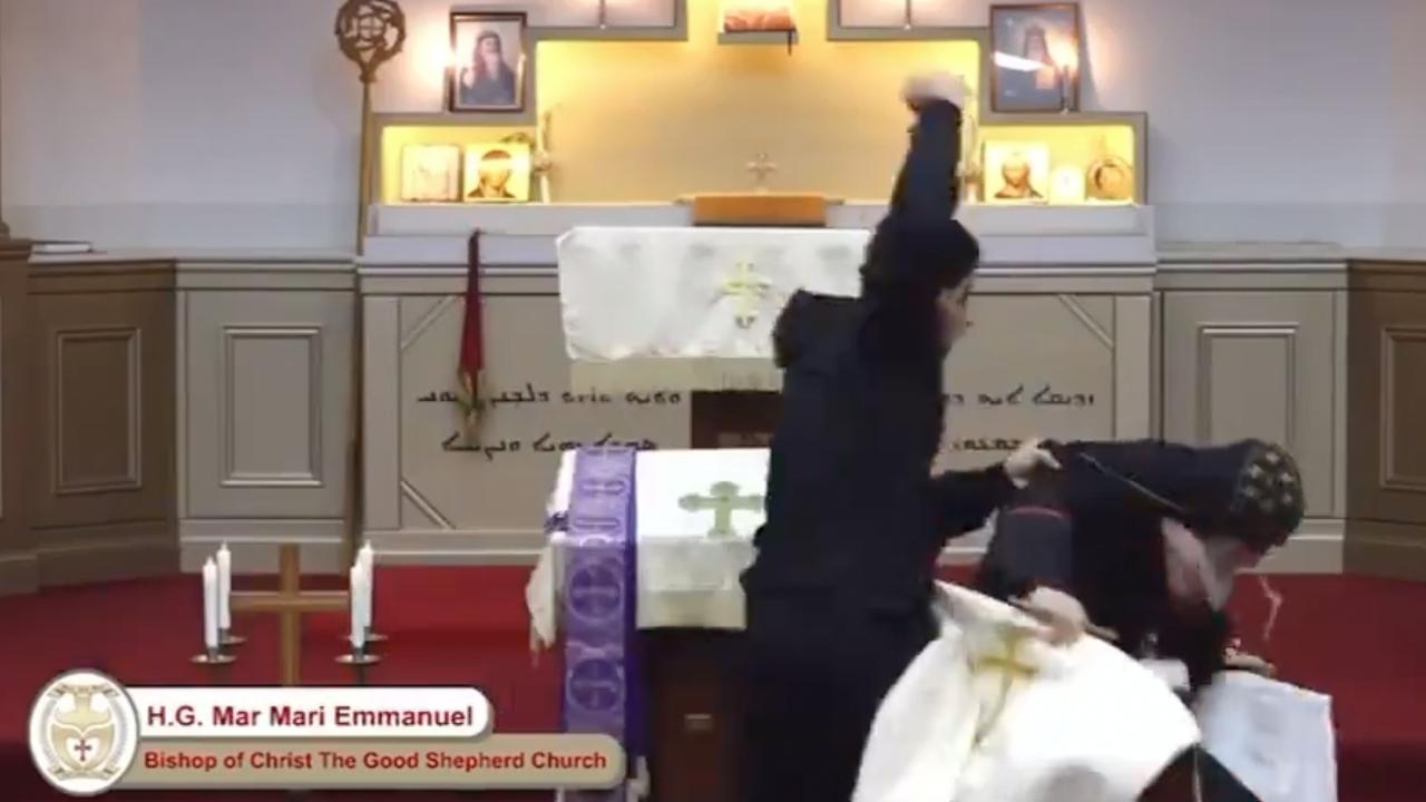 The alleged attacker was captured stabbing the bishop on a livestream of the service.