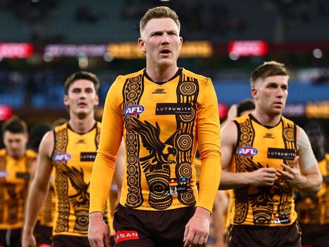MELBOURNE, AUSTRALIA - MAY 24: The Hawks look dejected after losing the round 11 AFL match between Hawthorn Hawks and Brisbane Lions at Melbourne Cricket Ground, on May 24, 2025, in Melbourne, Australia. (Photo by Quinn Rooney/Getty Images)
