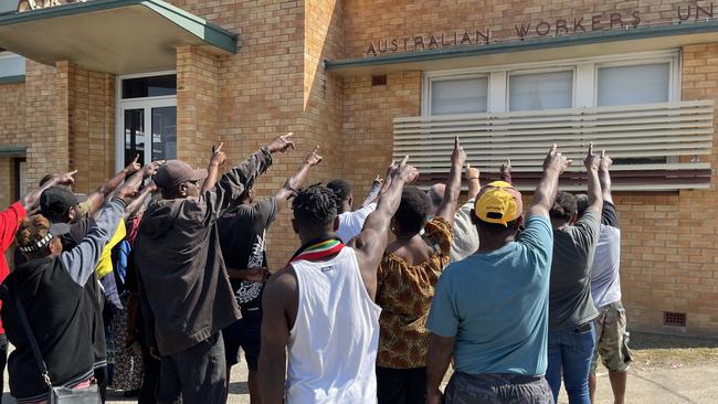 The workers pointed their fingers at the offices of the AWU, Bundaberg Regional Council and Hinkler MP Keith Pitt while chanting “you’ve turned your backs on us”.