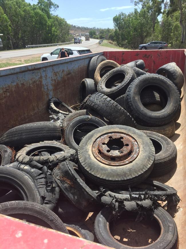 Dumped tyres recovered during clean ups near the Bohle River. Picture: Supplied.