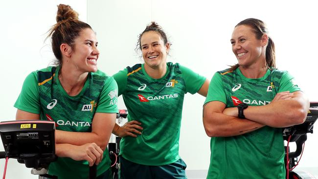 Aussie team members Charlotte Caslick, Shannon Parry and Sharni Williams.