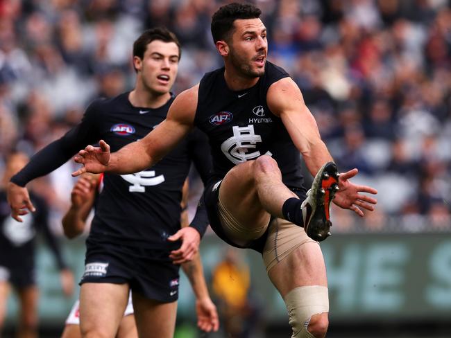 Simon White gets a kick away for Carlton last year. Picture: Michael Klein