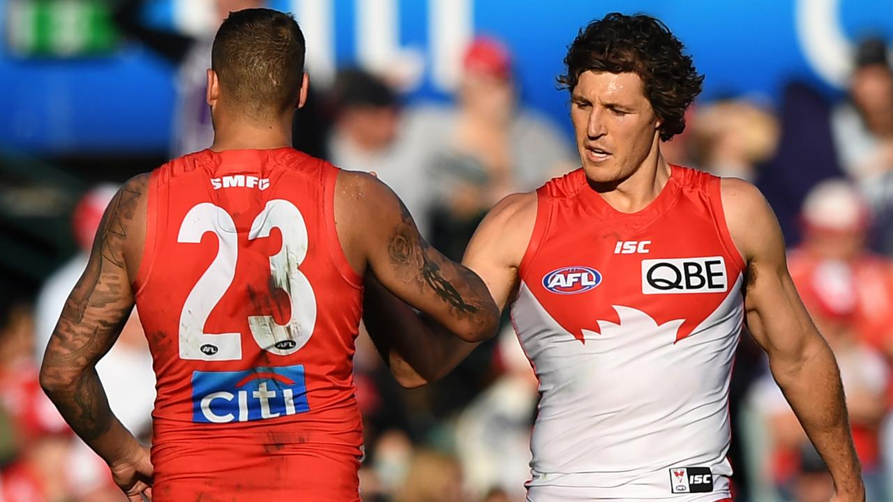 Kurt Tippett and Lance Franklin of the Swans during the Round 21, 2017. Picture: AAP Image/David Moir