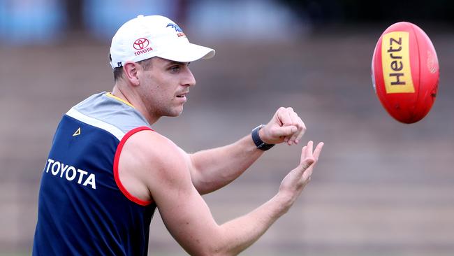 Brodie Smith at Crows training. The injured star has signed on for another three years. Picture: Calum Robertson