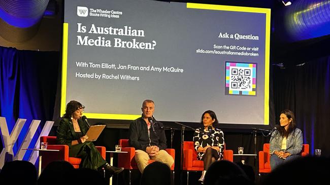 The Wheeler Centre's event Is Australian Media Broken last Wednesday with, from left, Rachel Withers, Tom Elliott, Jan Fran and Amy McQuire.