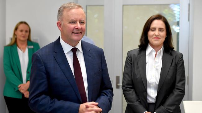 Leader of the Australian Labor Party Anthony Albanese with Labor candidate for Longman Rebecca Fanning at the Caboolture TAFE Campus. Picture: NCA NewsWire / John Gass