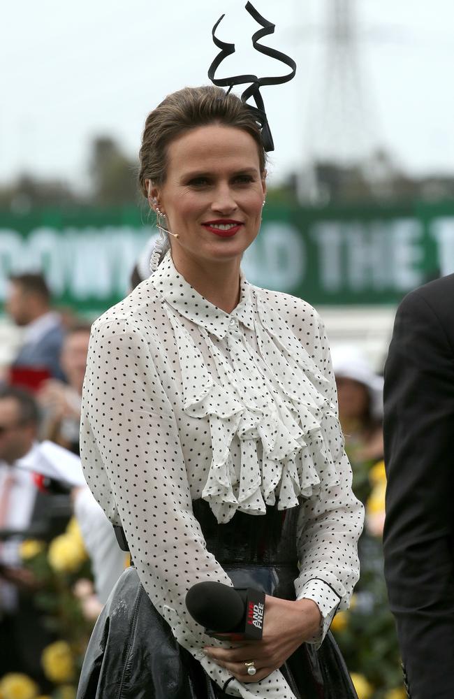 Francesca Cumani in the mounting yard during the AAMI Victoria Derby Day in 2018. Picture: Hamish Blair/AAP.