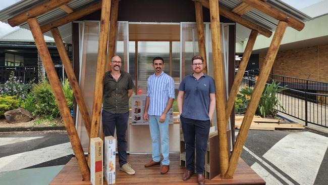 Environmental Engineer, Professor Andrew Rose of Southern Cross University, left, with University of Queensland's PhD Candidate Mahmoud Abu-Saleem and Associate Professor and Civil Engineer Joe Gattas at the sustainable house at the Lismore campus. Sustainable cardboard homes: a post-disaster housing solution? A pioneering approach to resource-efficient building design could give people quicker access to high-quality temporary homes after disasters like the 2022 floods in Lismore. Researchers have teamed up with government and industry partners to develop a bio-based, low-carbon housing system using waste cardboard and under-utilised timber materials sourced from the local area.