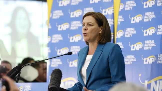 Deb Frecklington concedes defeat at the LNP Election Party at the Emporium Hotel in Brisbane. Picture: Josh Woning