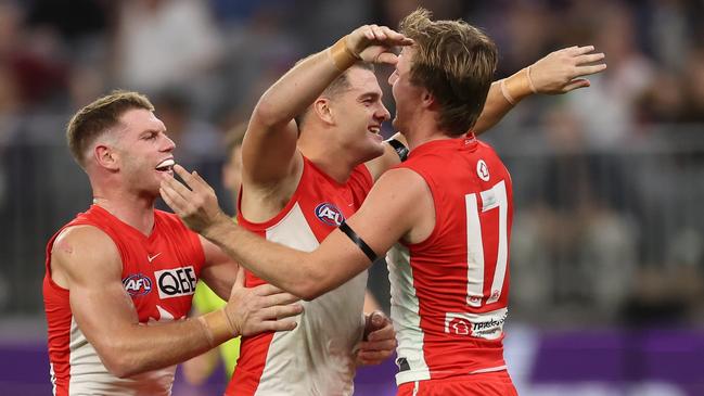 Tom Papley of the Swans celebrates a goal. (Photo by Will Russell/AFL Photos via Getty Images)