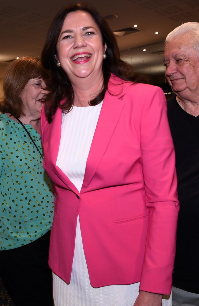 Premier Annastacia Palaszczuk celebrates her state election win with her parents Henry and Lorelle. Picture: Dan Peled/NCA NewsWire