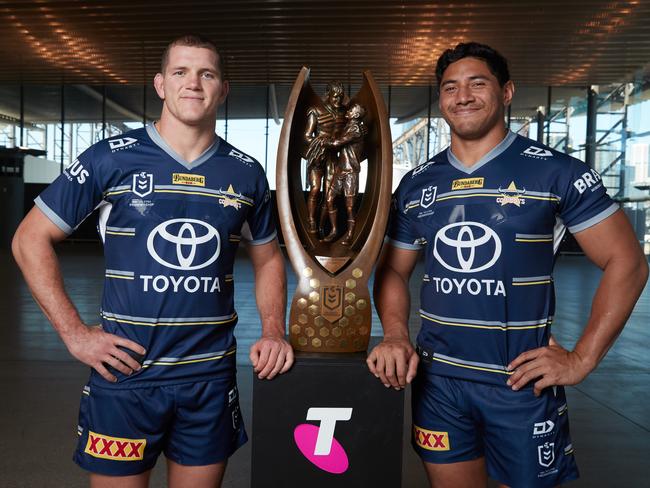 The NRL officially launched their 2021 season today. The three Queensland teams were represented by their Captains. Pictured is North Queensland Cowboys' Tom Gilbert and Jason Taumalolo. Picture: David Swift