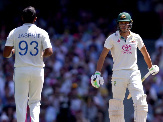 Australiaâs Sam Konstas (R) reacts after hitting a boundary off a delivery from Indiaâs captain Jasprit Bumrah during day two of the fifth cricket Test match between Australia and India at The SCG in Sydney on January 4, 2025. (Photo by DAVID GRAY / AFP) / -- IMAGE RESTRICTED TO EDITORIAL USE - STRICTLY NO COMMERCIAL USE --