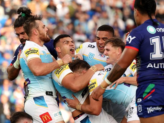 David Fifita of the Titans celebrates his try for the Titans. Picture: Phil Walter/Getty Images