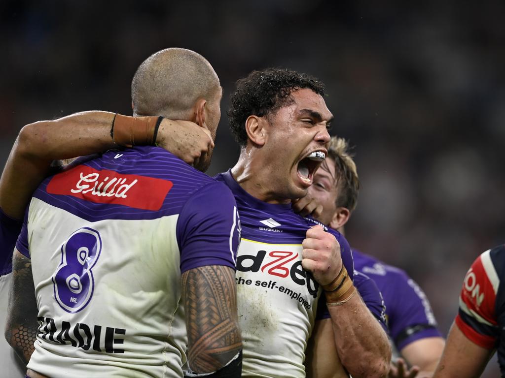 Xavier Coates once again stole the show for Melbourne, with another brilliant try to seal victory late in the game. Picture: NRL Imagery