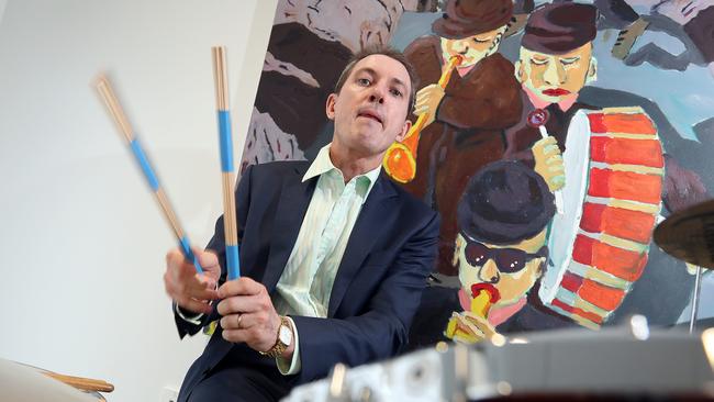 Council CEO Dale Dickson playing the drums. Picture: Richard Gosling.