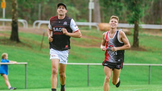 Geelong's two-time premiership defender Harry Taylor and teammate Jake McQueen at training for the Southern Districts. Picture: Glenn Campbell