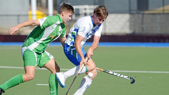 Div 1 men's hockey semi-finals. Saints Vs Bulimba Saints player Liam Hart with the ball. Saturday October 10, 2020 Picture, John Gass