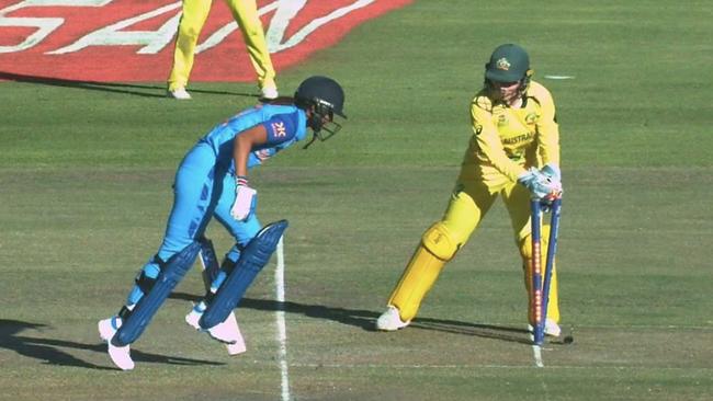 Indian captain Harmanpreet Kaur is run out.