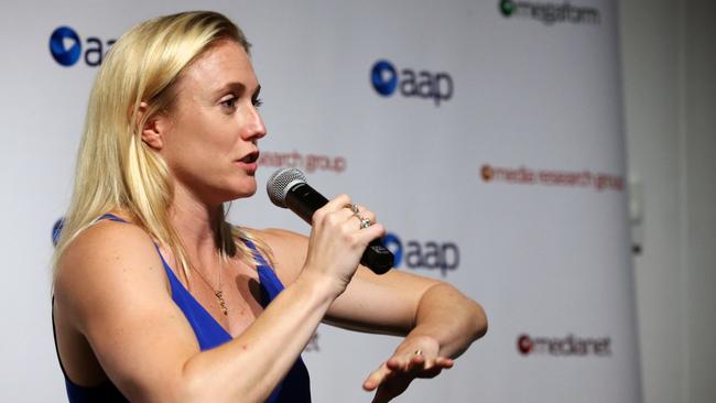 Sally Pearson speaks during the AAP Sports Editors Conference in Sydney yesterday